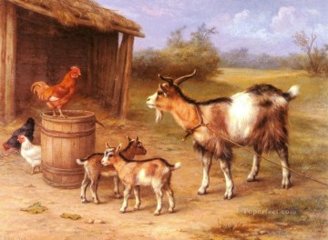 ヤギと鶏の農場の風景 鶏の家畜小屋エドガー・ハント Oil Paintings